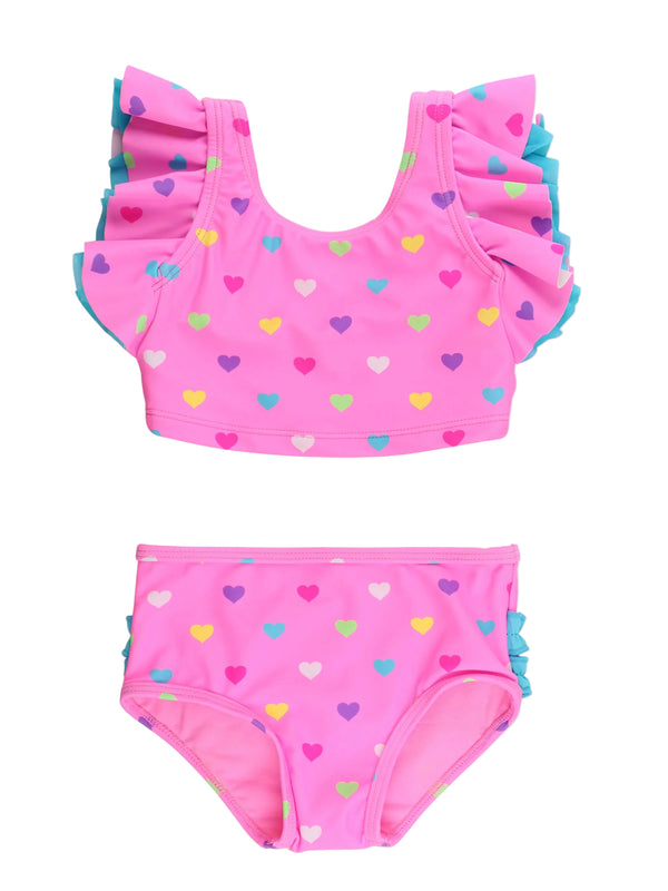 Butterfly Tankini 2-Piece Swimsuit- Neon Pink Colorful Hearts