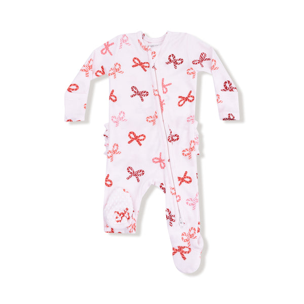 Candy Cane Bows 2 Way Zipper Ruffle Footie