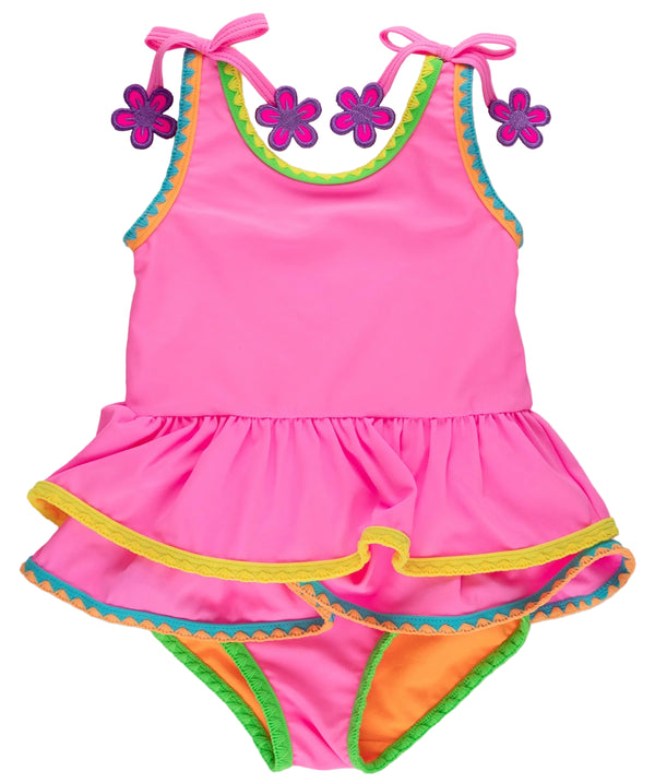 Neon Pink Crochet Peplum One Piece Swimsuit