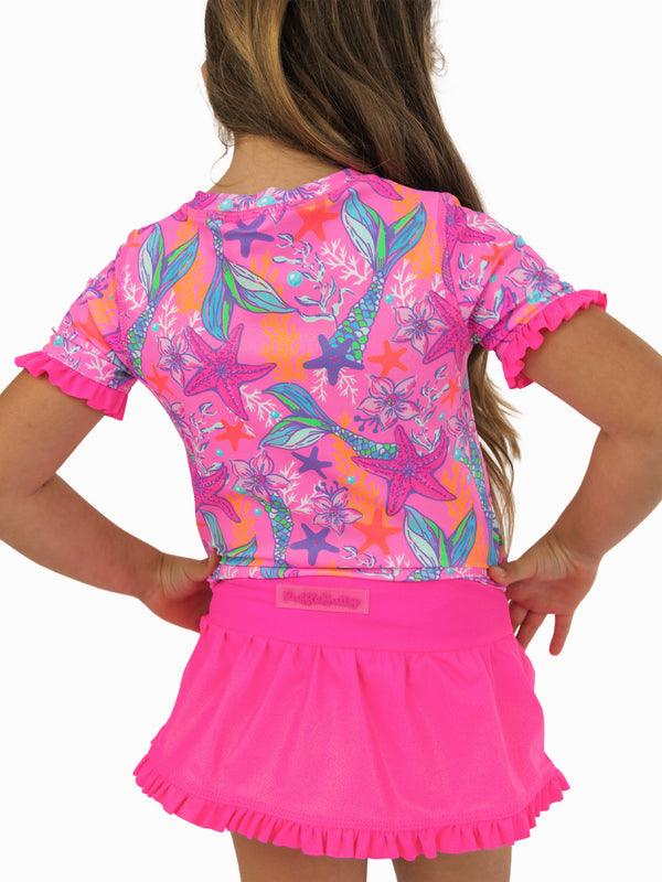 Ruffle Rash Guard Skirted 2-Piece Swimsuit- Neon Shimmer Mermaid