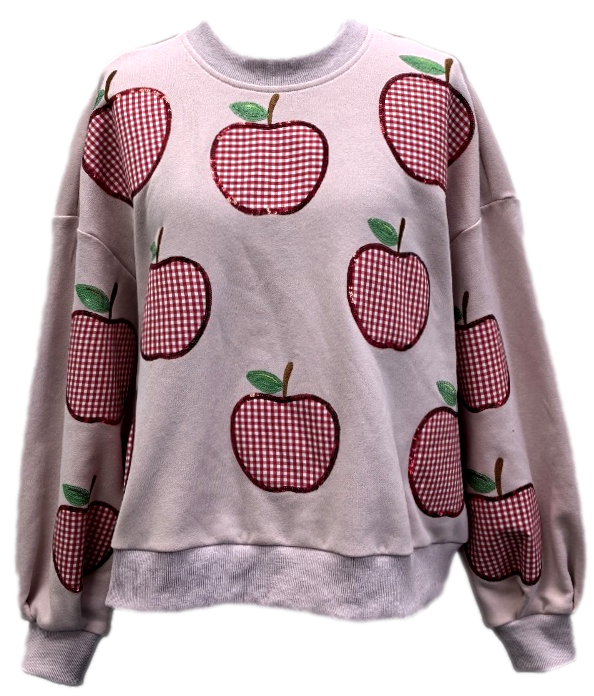Light Pink & Red Gingham Apple Sweatshirt- (Women's)