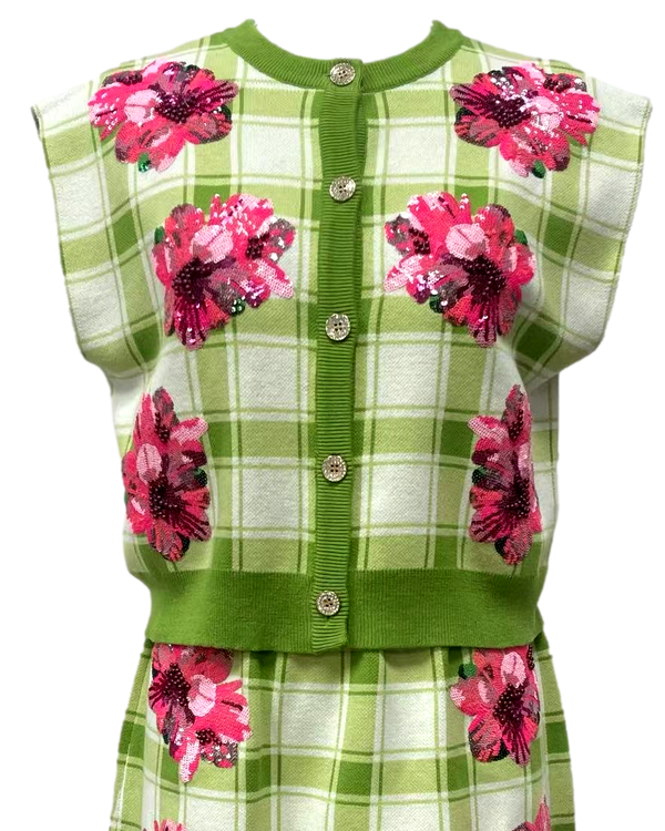 Green Plaid Azalea Button Up Tank Sweater- (Women's)