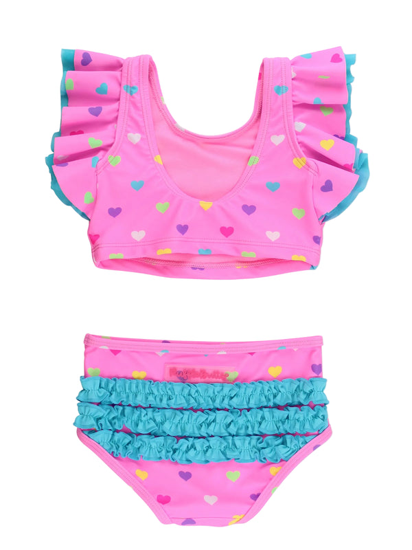 Butterfly Tankini 2-Piece Swimsuit- Neon Pink Colorful Hearts