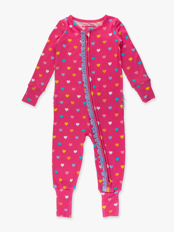 Convertible Ruffle One Piece Pajama - Colorful Hearts