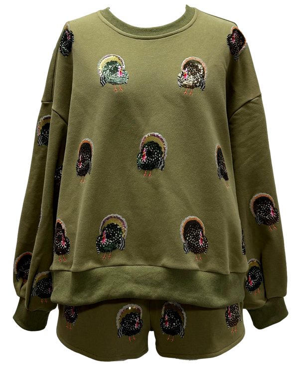 Olive Green Scattered Turkey Sweatshirt- (Women's)