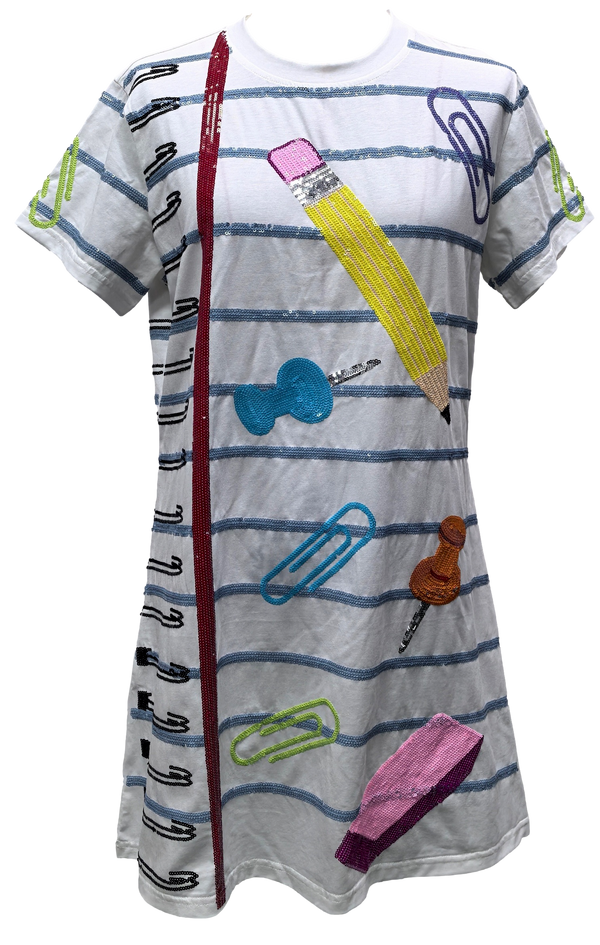 White Notebook Paper & School Supplies Tee Dress- (Women's)