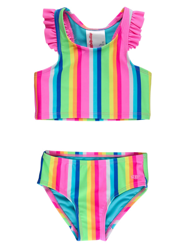 Racerback Flutter Tankini 2-Piece Swimsuit- Neon Rainbow Stripe