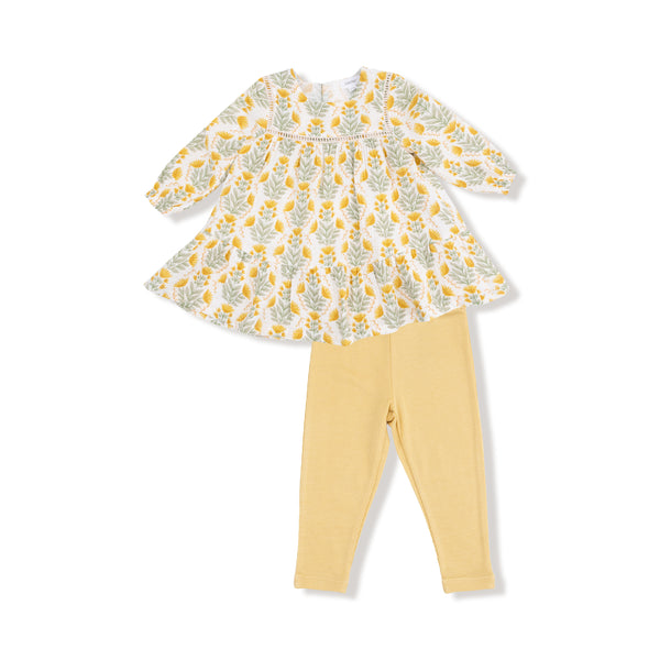Winter Dandelions Dress W/ Ribbed Leggings- Ivory/Yellow