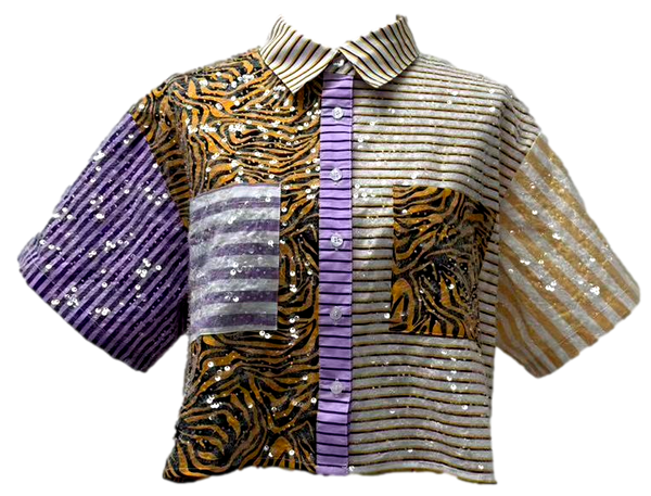 Purple, Yelow & Tiger Colorblock Sequin Button Up Pocket Top- (Women's)