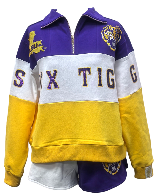 Licensed LSU Quarter Zip Colorblock Sweatshirt- (Women's)