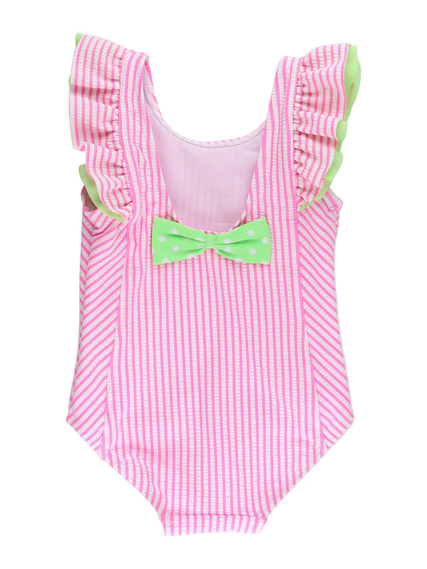 Seersucker Waterfall One Piece Swimsuit- Neon Pink Seersucker