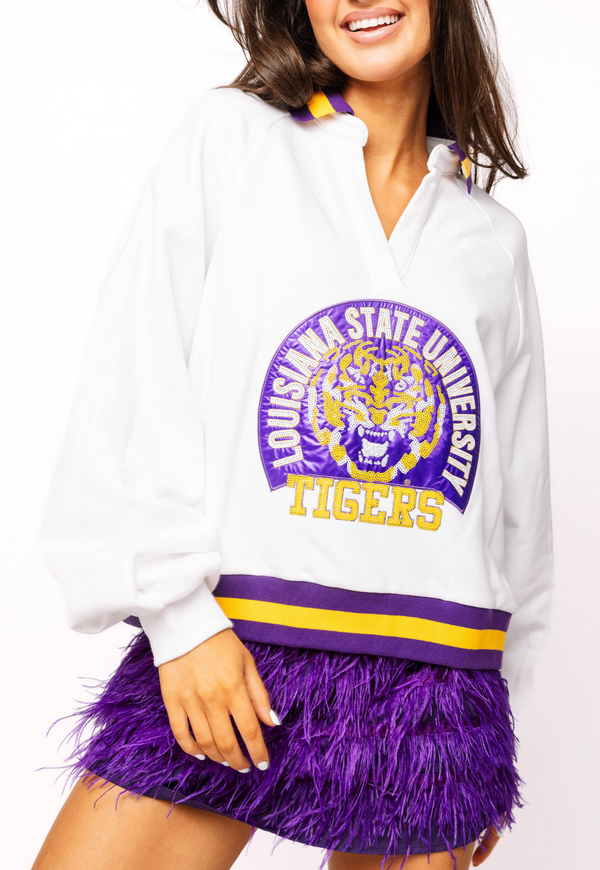 Licensed LSU Striped Collar Circular Mascot Sweatshirt- (Women's)