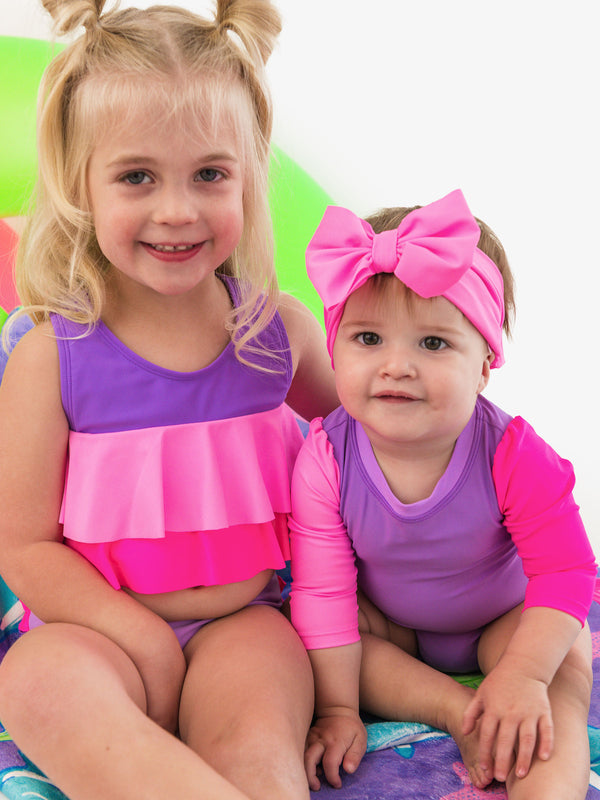 One Piece Rash Guard Swimsuit- Neon Purple Color Block