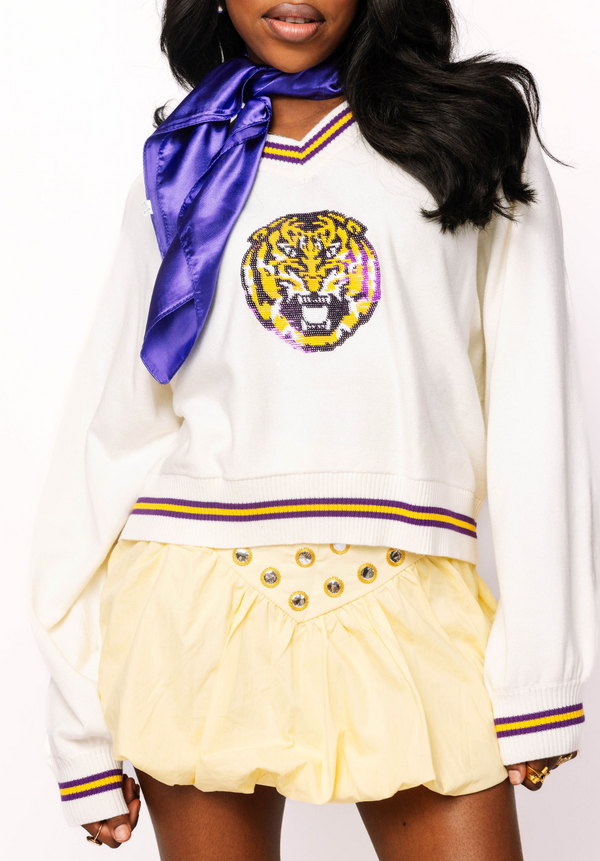 Licensed LSU V Neck Striped Cuff Sweater-(Women's)