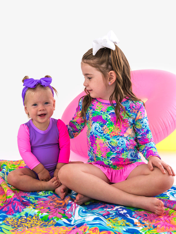 Rash Guard 2-Piece Swimsuit- Neon Ocean Coral