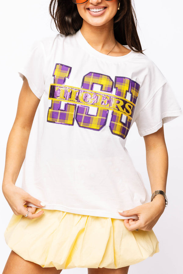 Licensed LSU Plaid Letter Tee- (Women's)