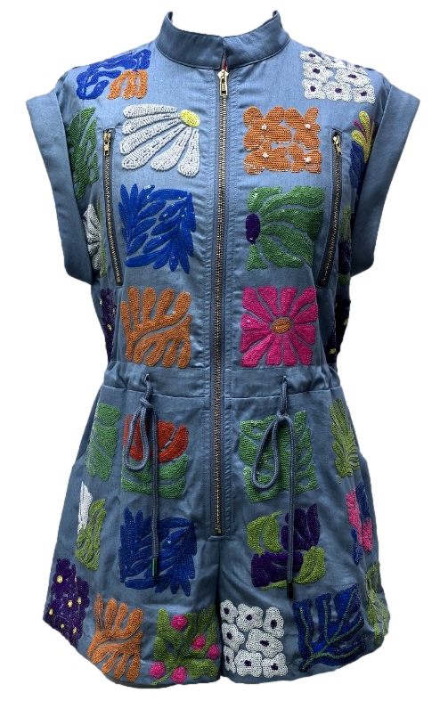 Denim Flower Tile Zipper Romper- (Women's)
