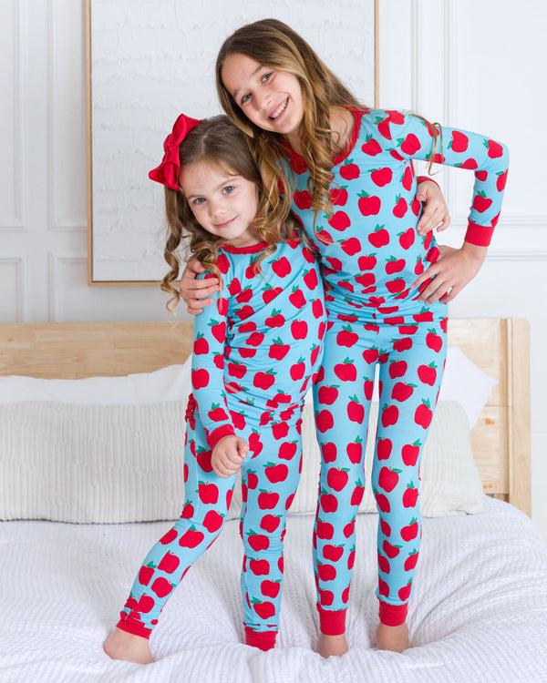 Ruffle Long Sleeve Pajama Set- Blue Apple Of My Eye