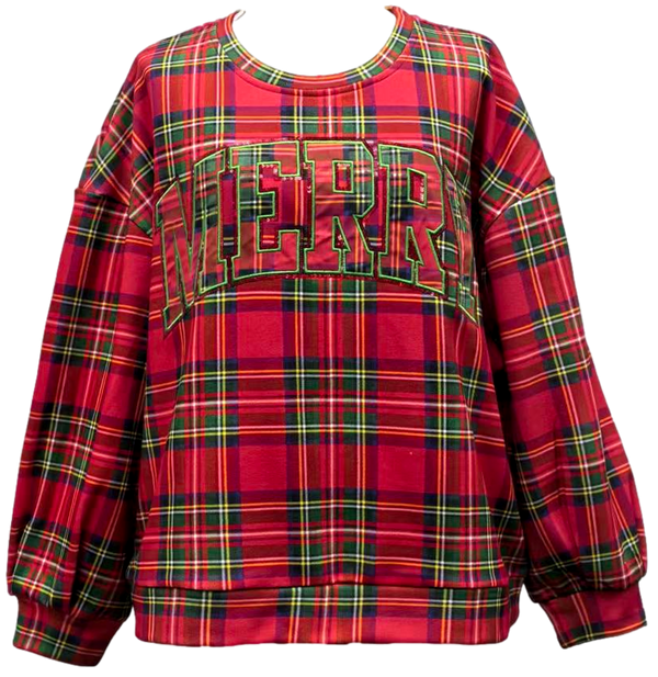 Red Plaid 'Merry' Sweatshirt- (Women's)