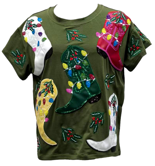 Green Multi Christmas Cowboy Boots Tee- (Women's)