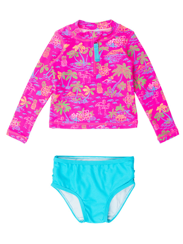 Zipper Rash Guard 2-Piece Swimsuit- Neon Island Time