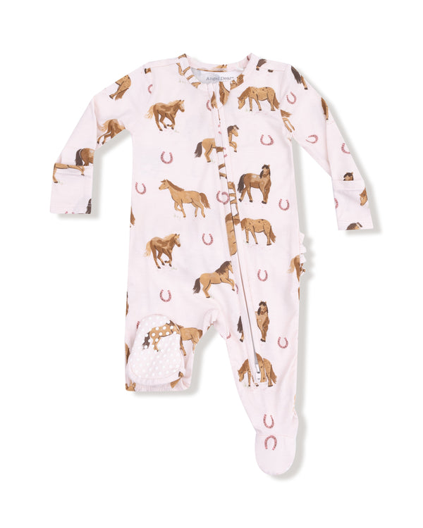Horses 2 Way Zipper Ruffle Footie- Pink