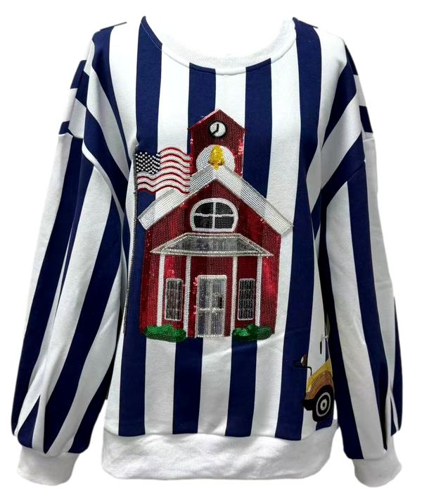 Navy & White Striped School & School Bus Sweatshirt-(Women's)