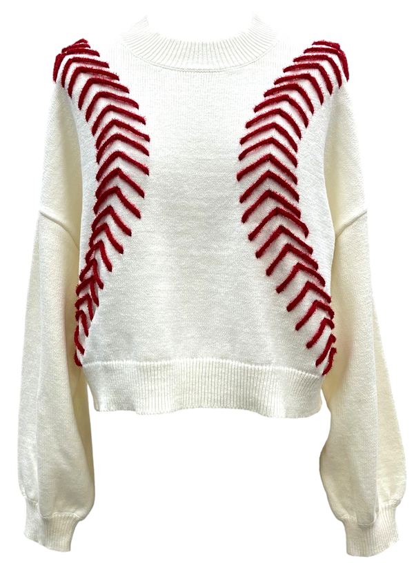 White Baseball Stitch Long Sleeve Sweater- (Women's)