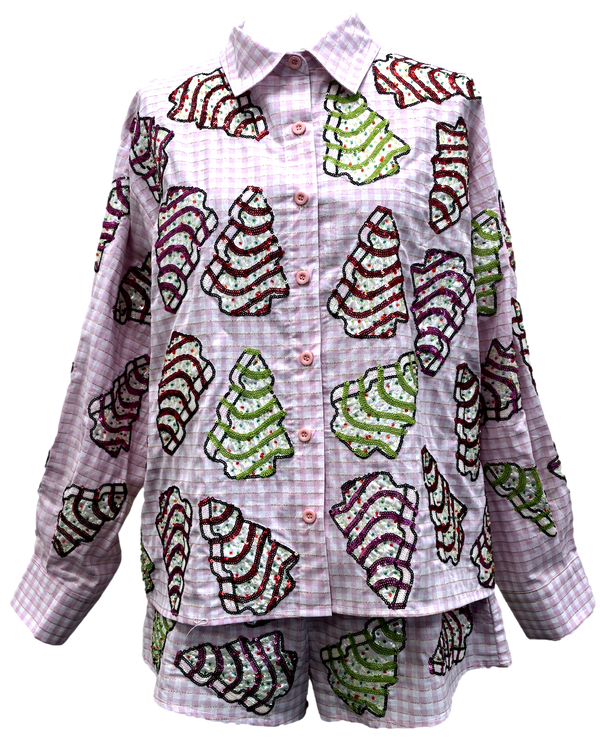 Pink Gingham Christmas Tree Cookies Cotton Button Up Top- (Women's)