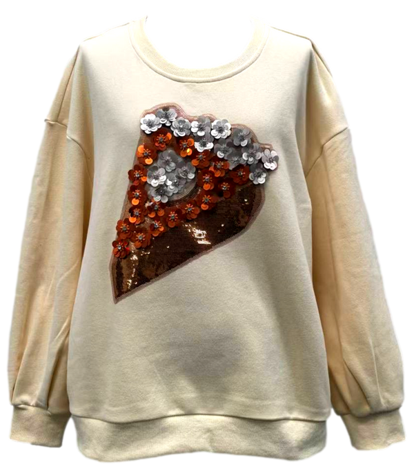 Beige Sequin Flower Pie Slice Sweatshirt- (Women's)
