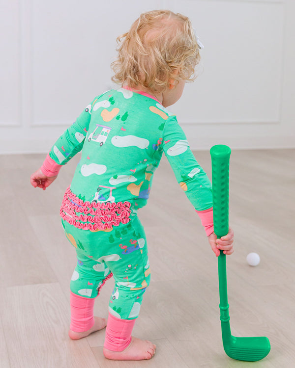 Convertible Ruffle One Piece Pajama- Fairway Flamingo