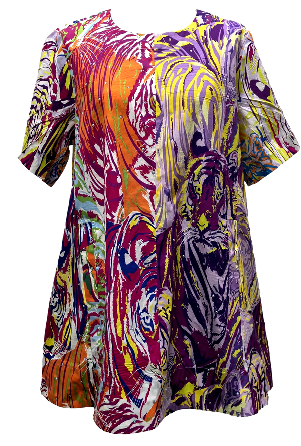 Multi Abstract Cotton Tiger Short Sleeve Dress- (Women's)