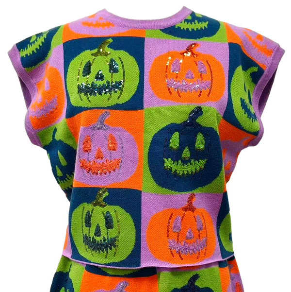 Multi Checkered Pumpkin Knit Top- (Women's)