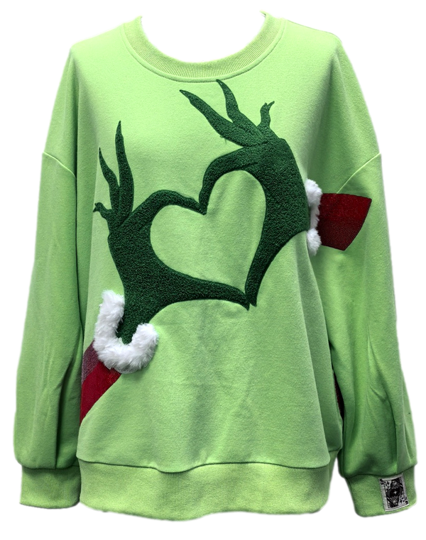 Green Grinch Heart Hands Sweatshirt- (Women's)