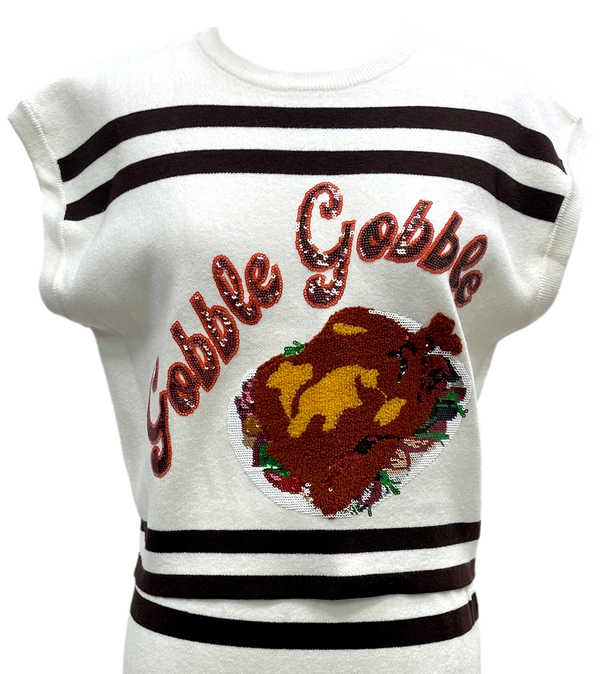 White & Brown Stripe 'Gobble' SS Top- (Women's)