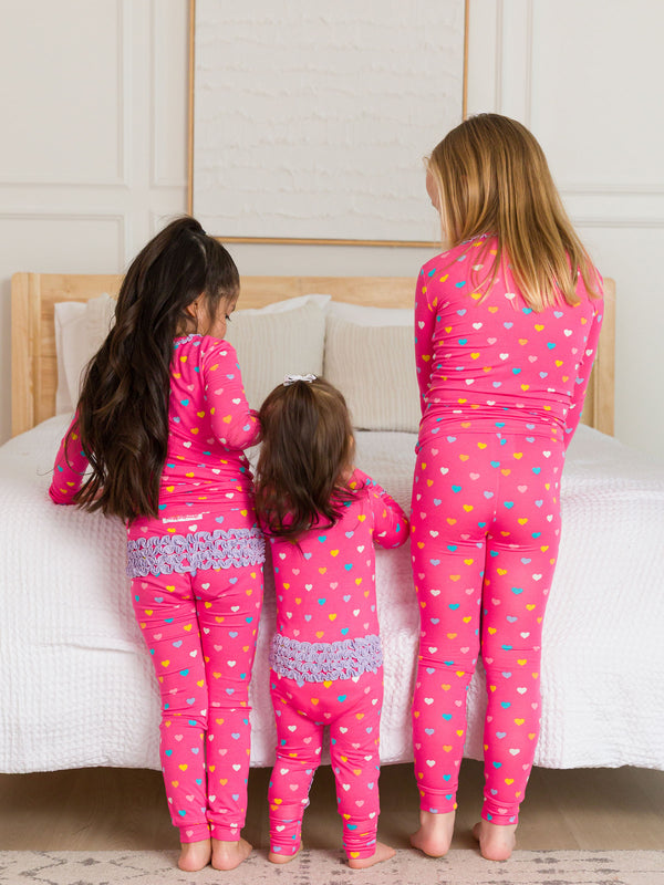 Convertible Ruffle One Piece Pajama - Colorful Hearts