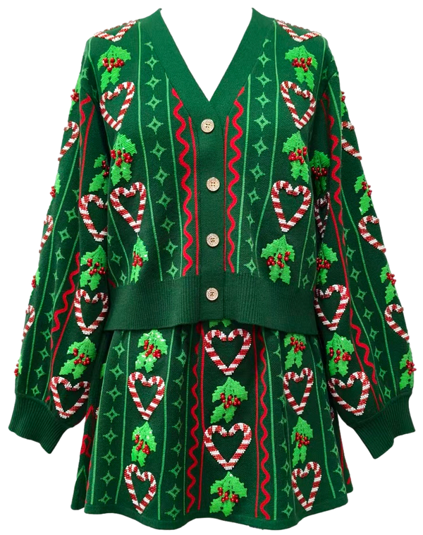 Green 3D Holly & Peppermint Cardigan- (Women's)