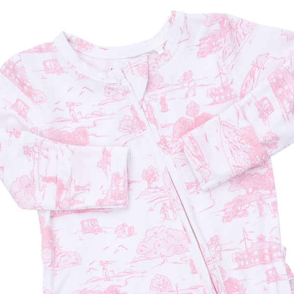 Golf Toile 2 Way Ruffle Zipper Footie- Pink