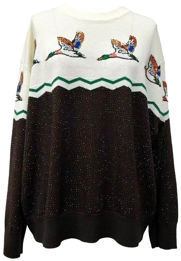 Brown & Ivory Colorblock Duck Rhinestone Sweater- (Women's)