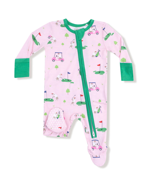Dog Gone Golf 2 Way Zipper Ruffle Footie- Light Pink/Green