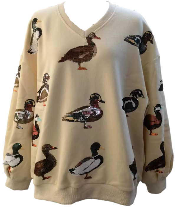 Beige V Neck Scattered Duck Sweatshirt- (Women's)