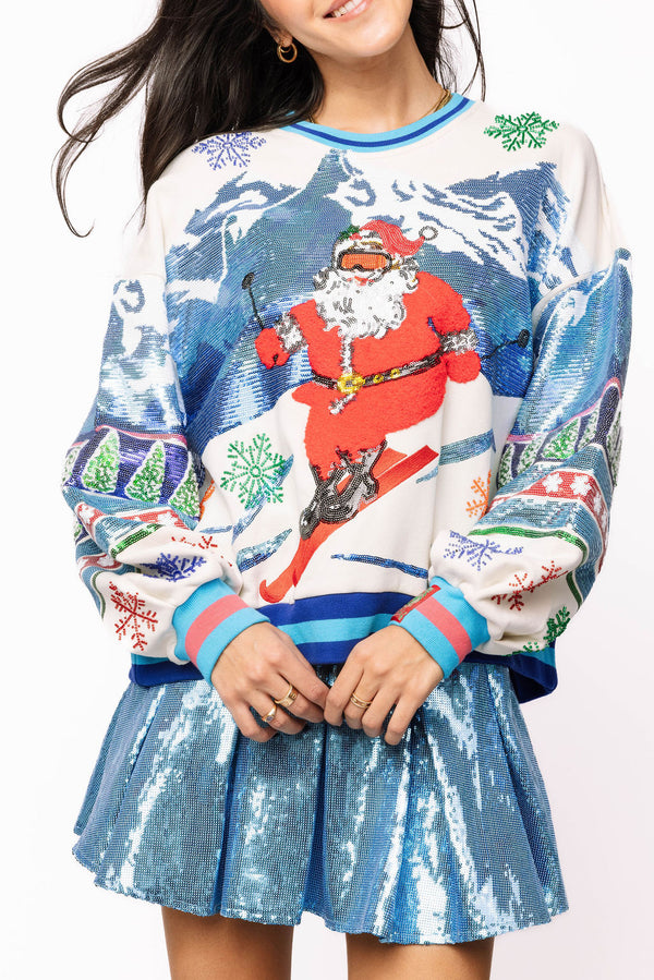 White & Blue Vintage Skiing Santa Sweatshirt- (Women's)