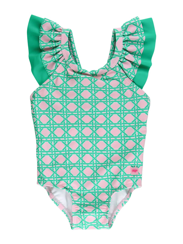 Bow V-Back One Piece Swimsuit- Pink Coastal Cane