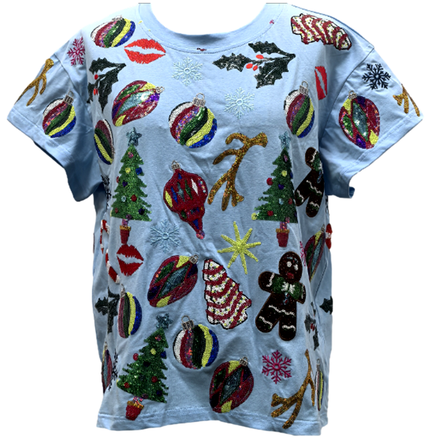 Blue Christmas Icons Tee- (Women's)