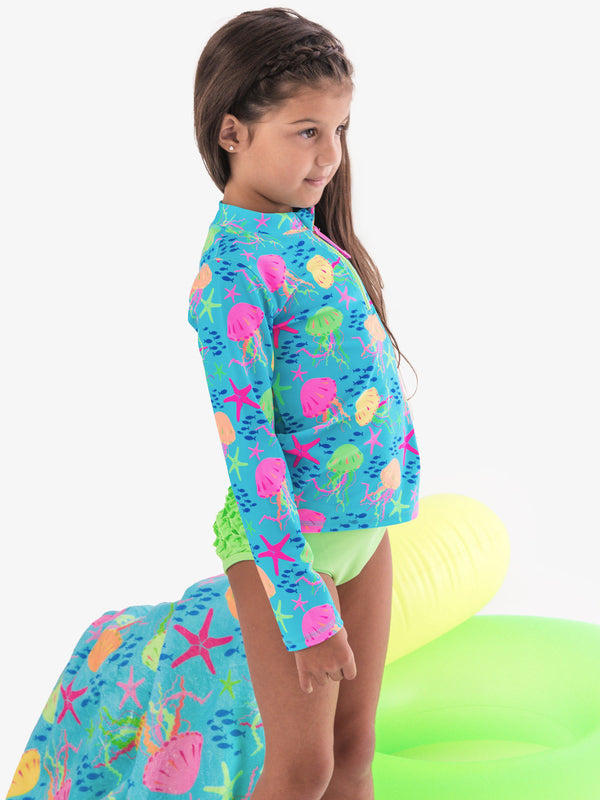 Zipper Rash Guard 2-Piece Swimsuit- Neon Jelly Time