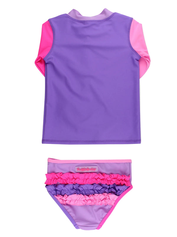 Zipper Rash Guard 2-Piece Swimsuit- Neon Purple Color Block