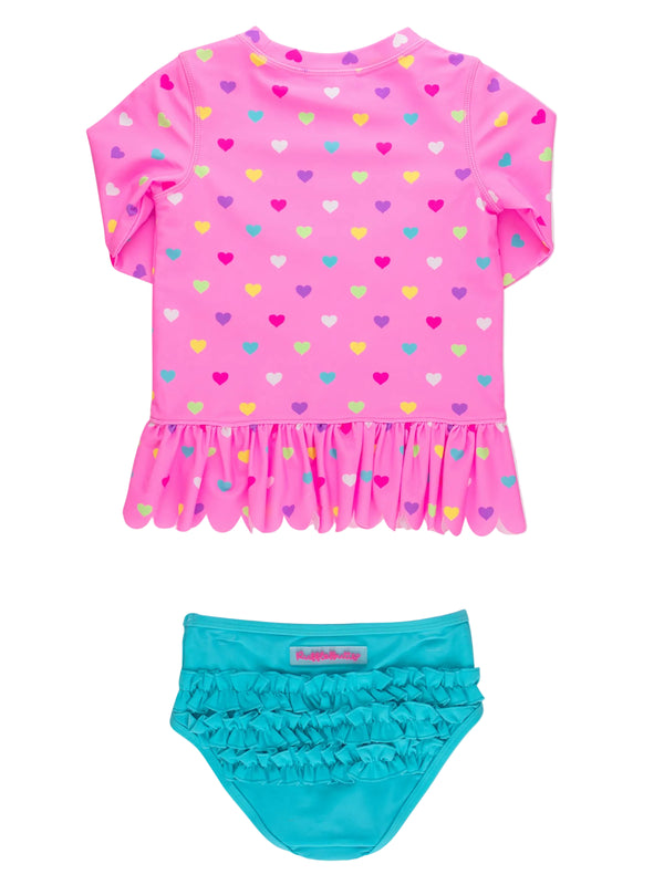 Scallop Hem Rash Guard 2-Piece- Neon Pink Colorful Hearts