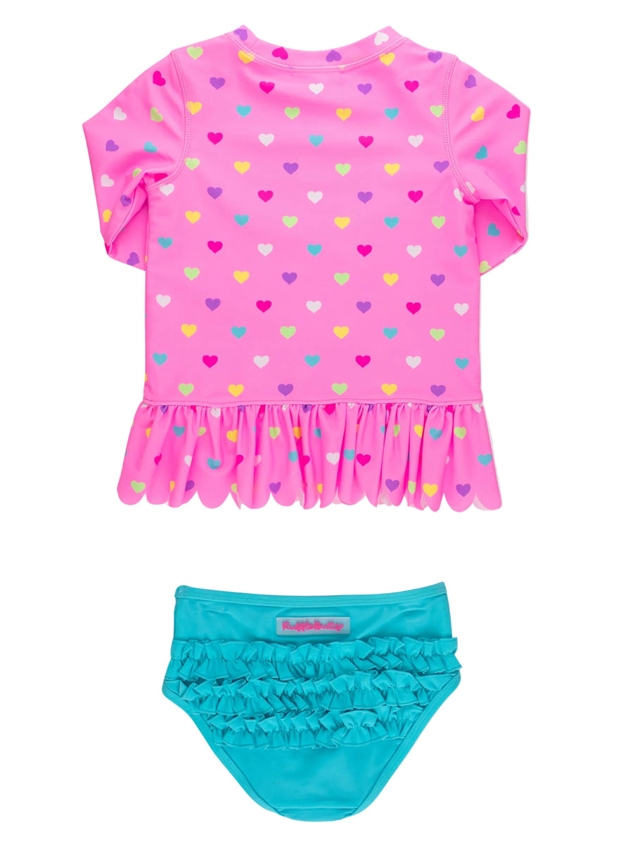 Scallop Hem Rash Guard 2-Piece- Neon Pink Colorful Hearts – Smock Candy