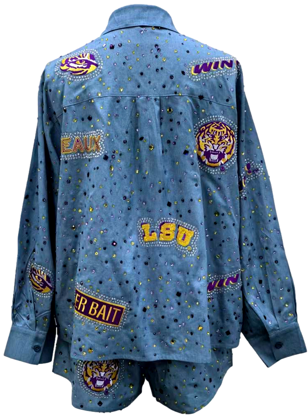 Licensed LSU Denim Multi Rhinestone Scattered Logo Button Up Top- (Women's)