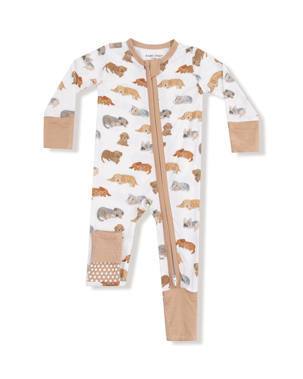 Napping Puppies 2 Way Zipper Romper- Ivory/Tan